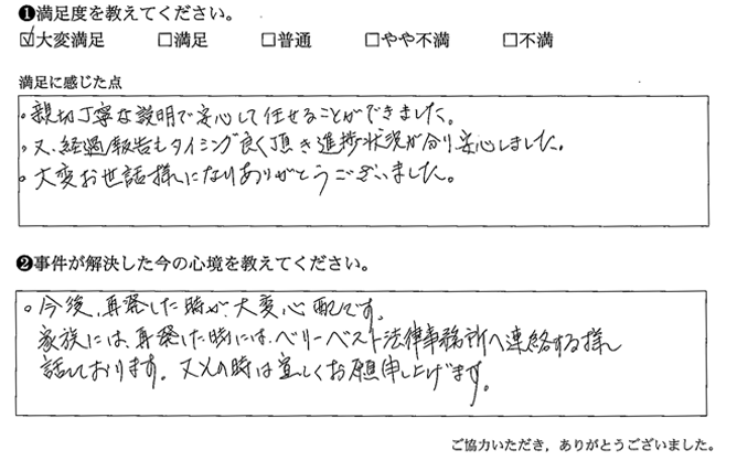 経過報告もタイミング良く頂き進捗状況が分かり安心しました