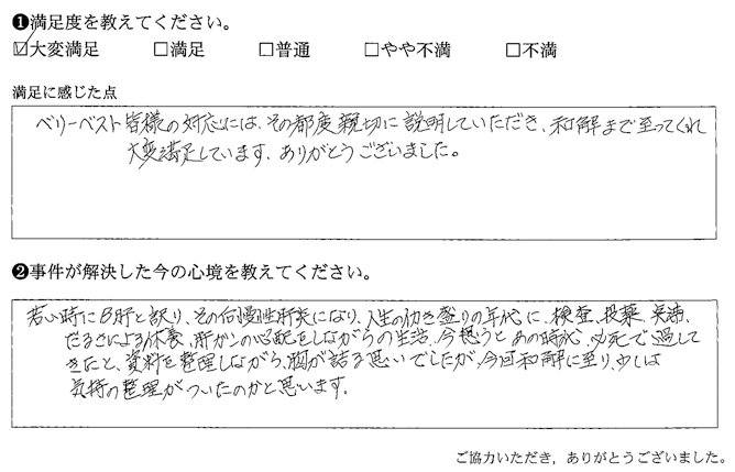 その都度親切に説明していただき、和解まで至ってくれ大変満足しています