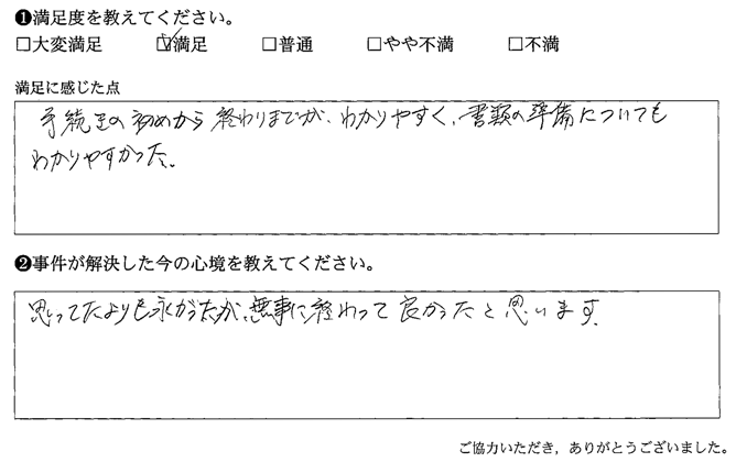 手続きの初めから終わりまでが、わかりやすく、書類の準備についてもわかりやすかった