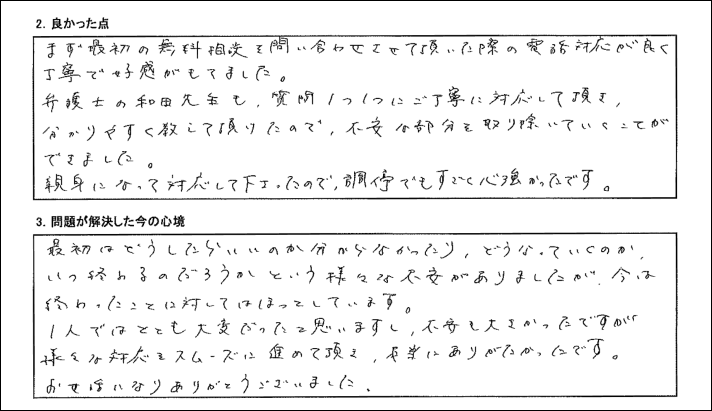 親身になって対応してくださったので調停でもすごく心強かったです。
